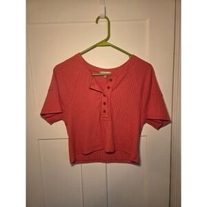 Fitz + Eddi Womens Medium Waffle Knit Cropped Henley Short Sleeve Top